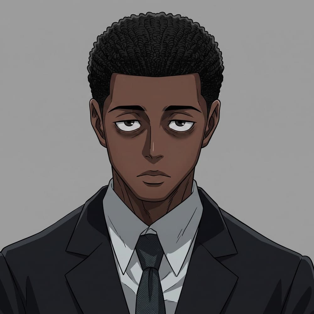 Manga-style portrait of Noma Zama in a dark suit and tie, facing the reader.