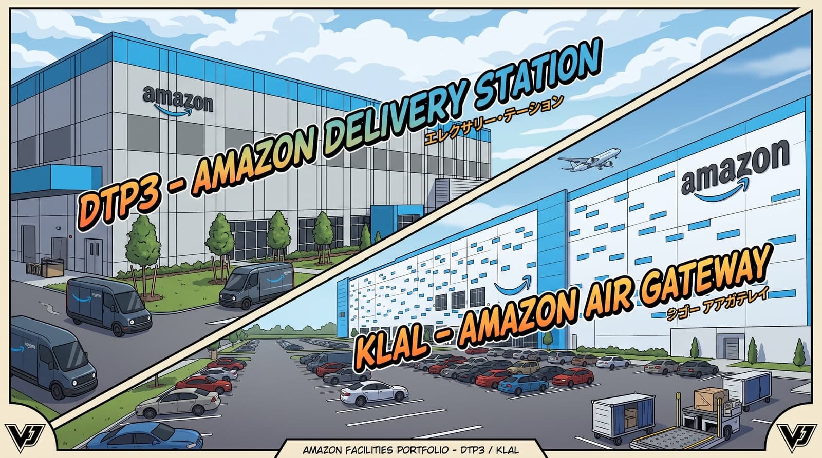 Manga-style panel split diagonally between the two Amazon facilities behind the cover story: DTP3, a delivery station with vans lined up along the loading bays, and KLAL, an air gateway with a freighter climbing away over the roofline.