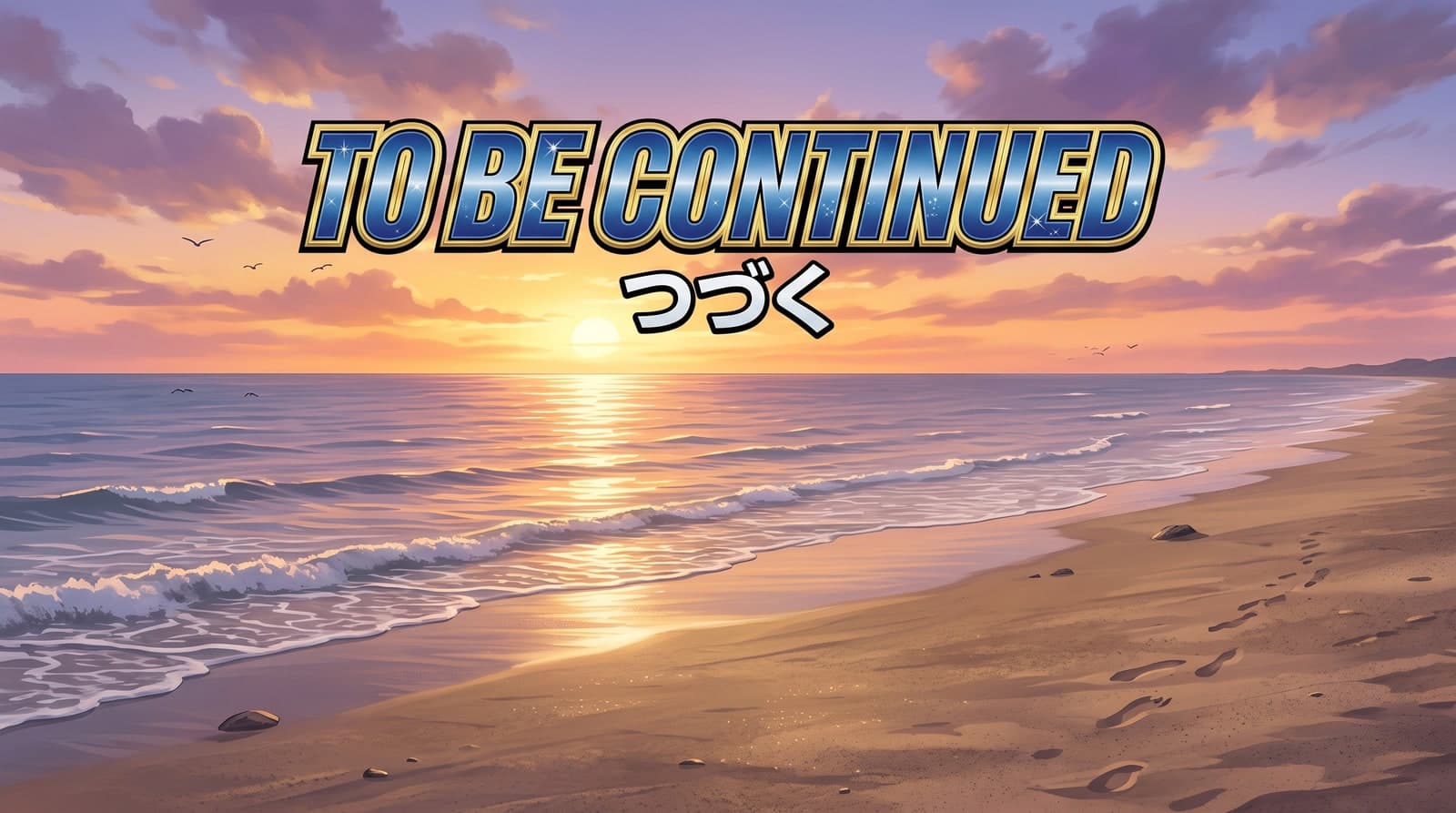 A sunset over the sea with footprints leading along the sand, captioned "TO BE CONTINUED" above the Japanese つづく — the end card that closes a serialised chapter.